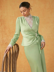 Satin V-neck Draped Pearl Button Top &  Mid Rise Mermaid Maxi Skirt Set