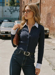 Cable Knit Striped Collar Two Tone Cardigan