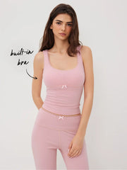 Built-in Bra U-neckline Bowknot Lace Trim Tank Top