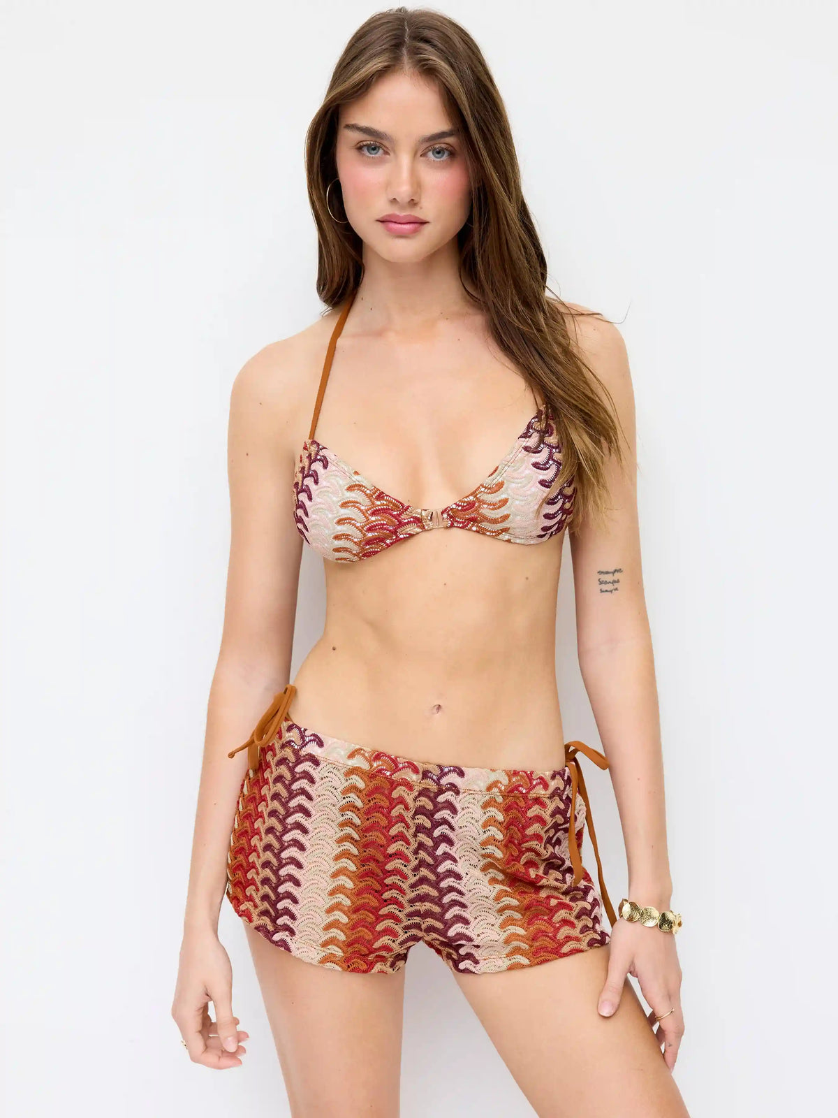 Halter Neckline Wave Triangle Tie Side Bikini Set With Cover Up Shorts
