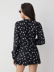 Polka Dot Tie Front Bow Lantern Sleeve Top & Mid Rise Barrel-leg Shorts Set