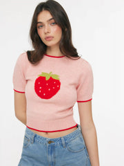 Knit Strawberry Graphic Contrasting Binding Top