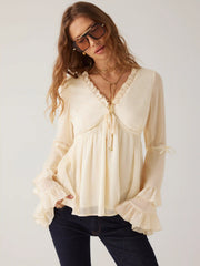 Chiffon V-Neck Knotted Ruffled Bell Sleeve Blouse