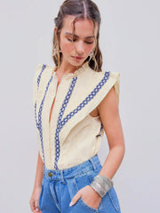 Cotton-blend Stand Collar Crochet Contrasting Binding Short Sleeve Blouse