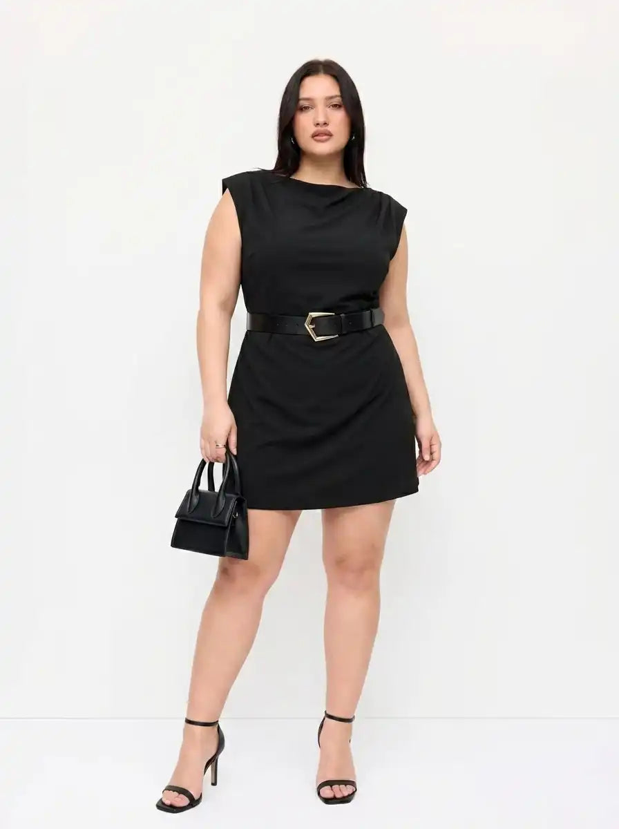 Boat Neck Ruched Belted A-line Mini Dress Curve & Plus