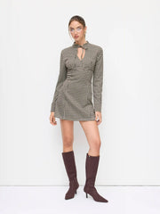 Plaid Stand Collar Long Sleeve Knotted Cut Out A-line Mini Dress