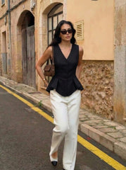 V-neck Ruffle Hem Peplum Blazer Vest