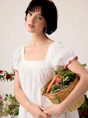 Fruit Embroidery Square Neck Puff Sleeve Babydoll Smock Mini Dress
