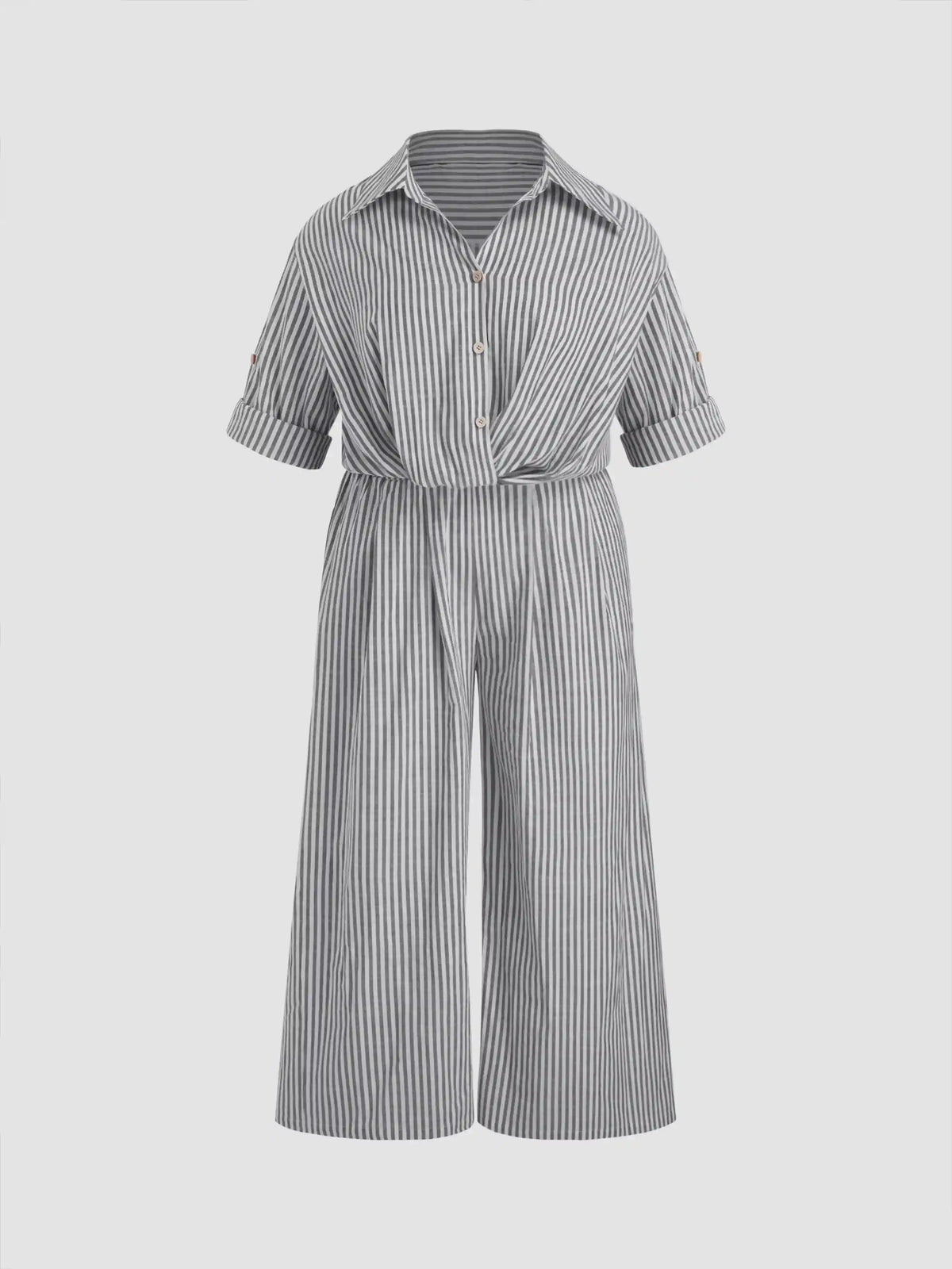 Cotton-blend Collar Striped Knotted Roll-up Sleeve Jumpsuit Curve & Plus