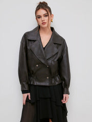 Oversized Faux Leather Ruffle Hem Double Breasted Jacket