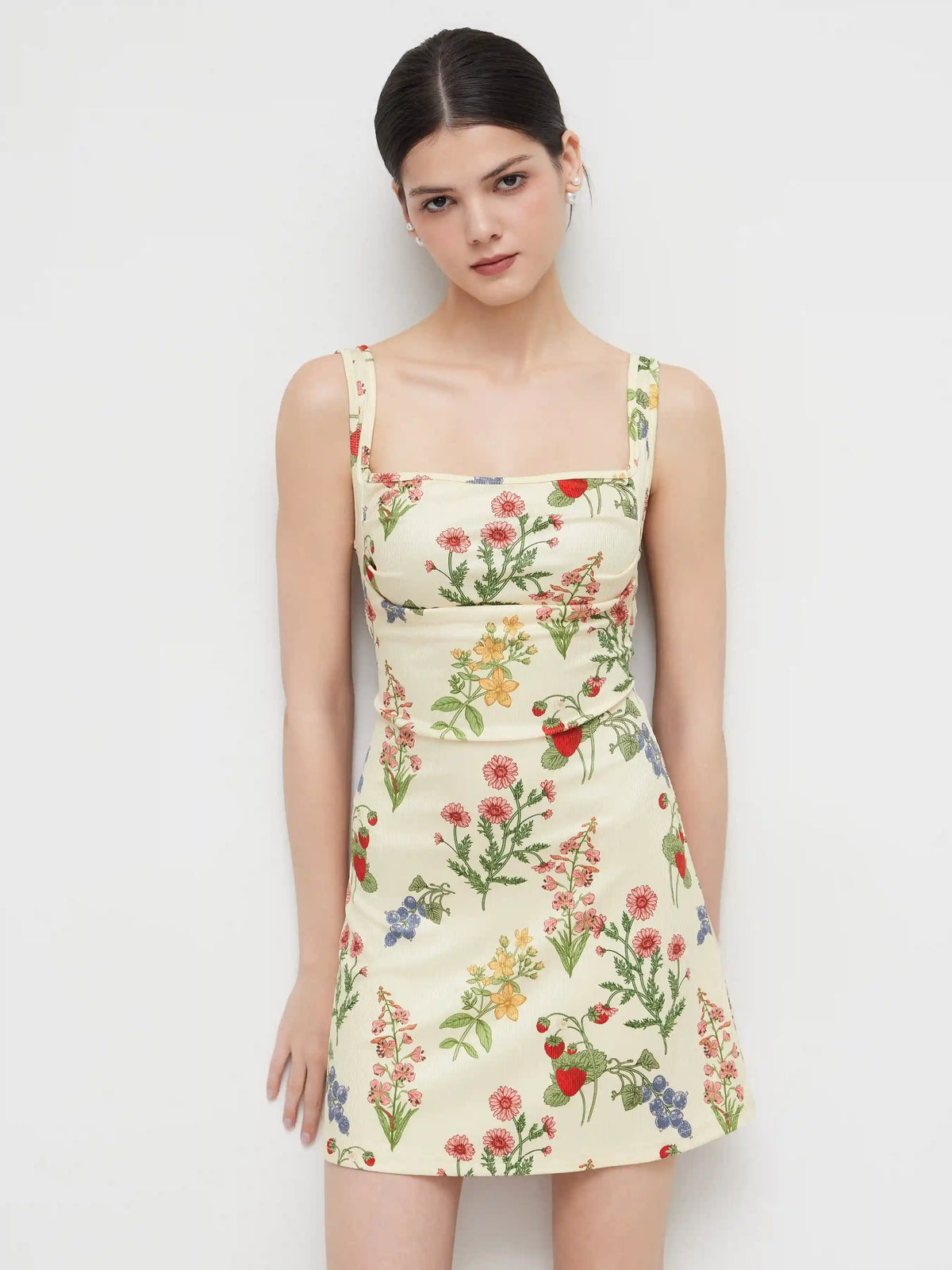 Square Neck Floral & Fruit Graphic Mini Dress