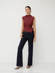 Stand Collar Texture Ruched Knotted Tank Top