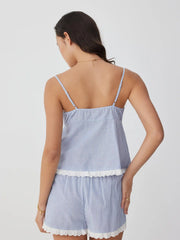 Cotton-blend Striped Sweetheart Lace Trim Cami Top & Mid Rise Shorts Loungewear Set