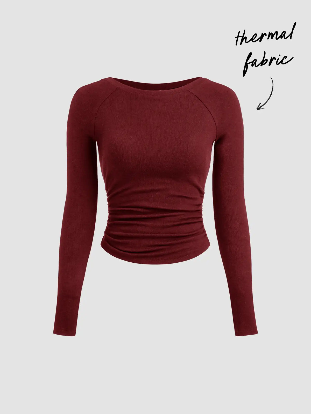 Thermal Cotton-blend Boat Neck Solid Ruched Long Sleeve Tee