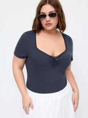 Cotton-blend Square Neck Lace Panel Ruched Bodysuit Curve & Plus