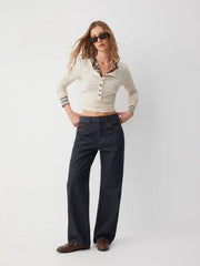 Denim Mid Rise Button Contrasting Binding Straight Leg Jeans