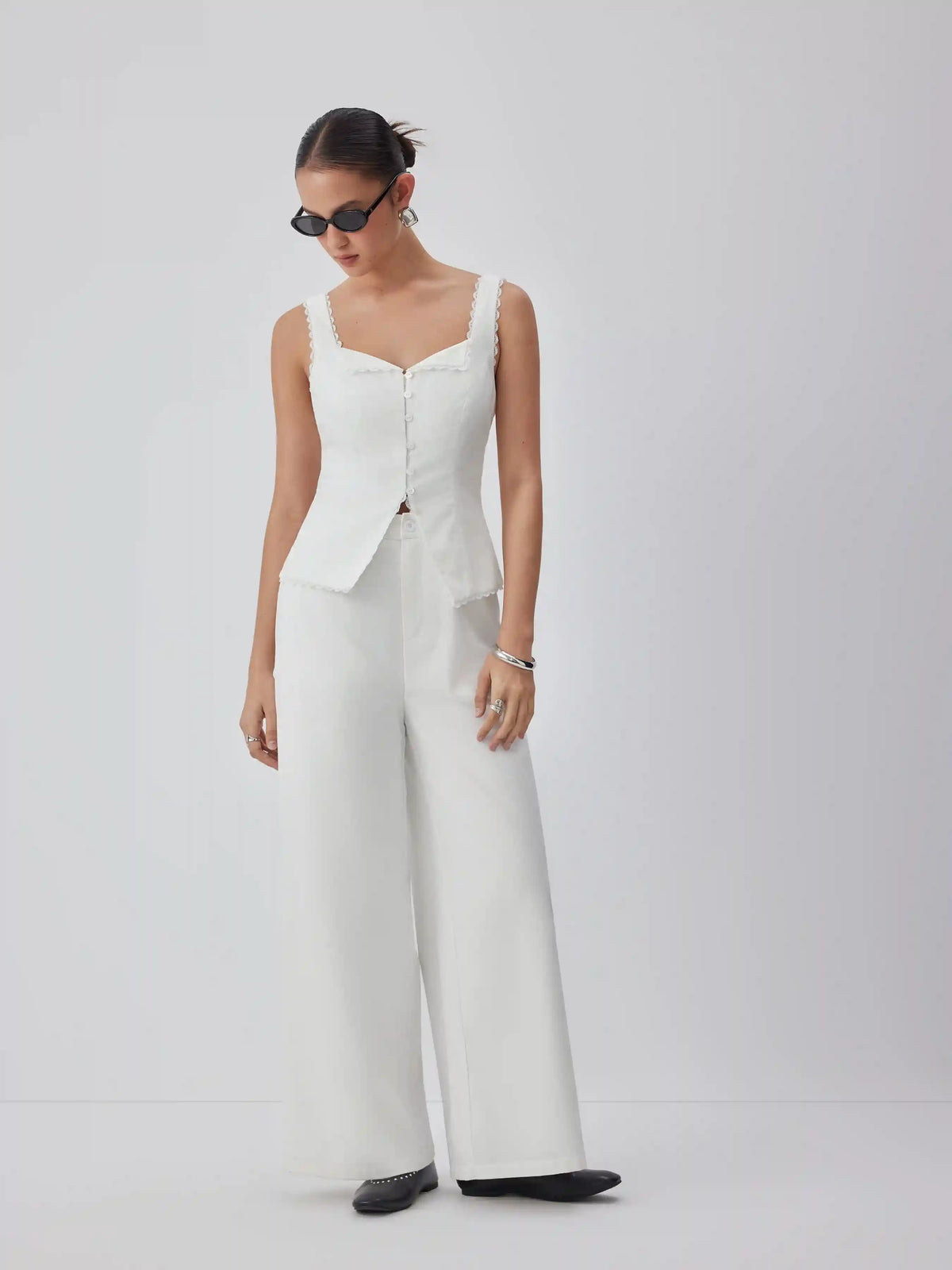 Linen-blend Lace Panel Mid Rise Wide Leg Jumpsuit