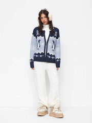Knit Penguin & Heart Pattern Zip Through Oversized Cardigan