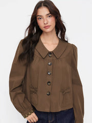 Cotton-blend Collar Puff Sleeve Bowknot Oversized Blouse