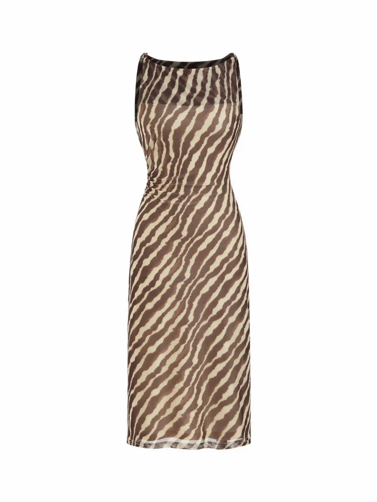 Zebra Stripe Mesh Boat Neck Twist Ruched Midi Dress