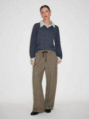 Jacquard Mid Rise Houndstooth Wide Leg Trousers