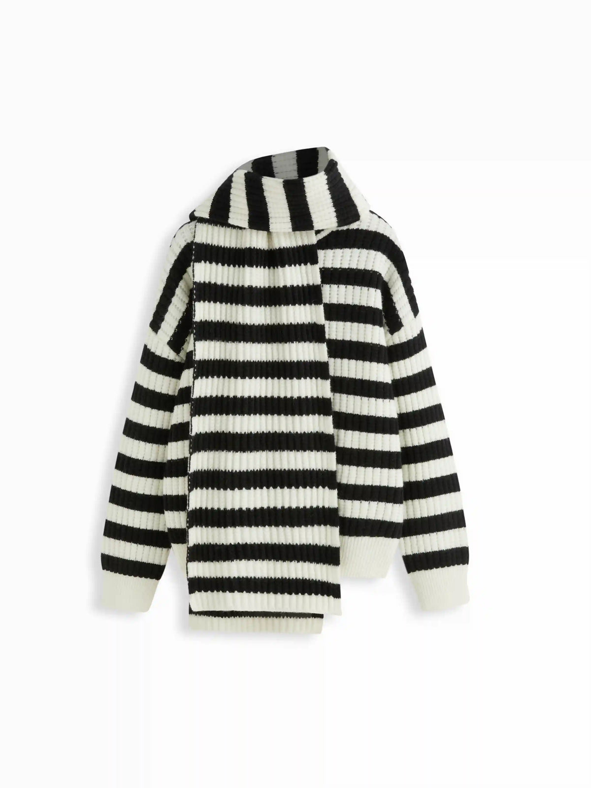 Knit Round Neck Striped Oversized Sweater Top With Scarf
