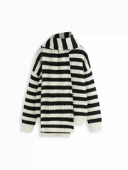 Knit Round Neck Striped Oversized Sweater Top With Scarf