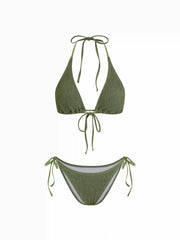 Textured Ruched Halter Tie Side Bikini Set