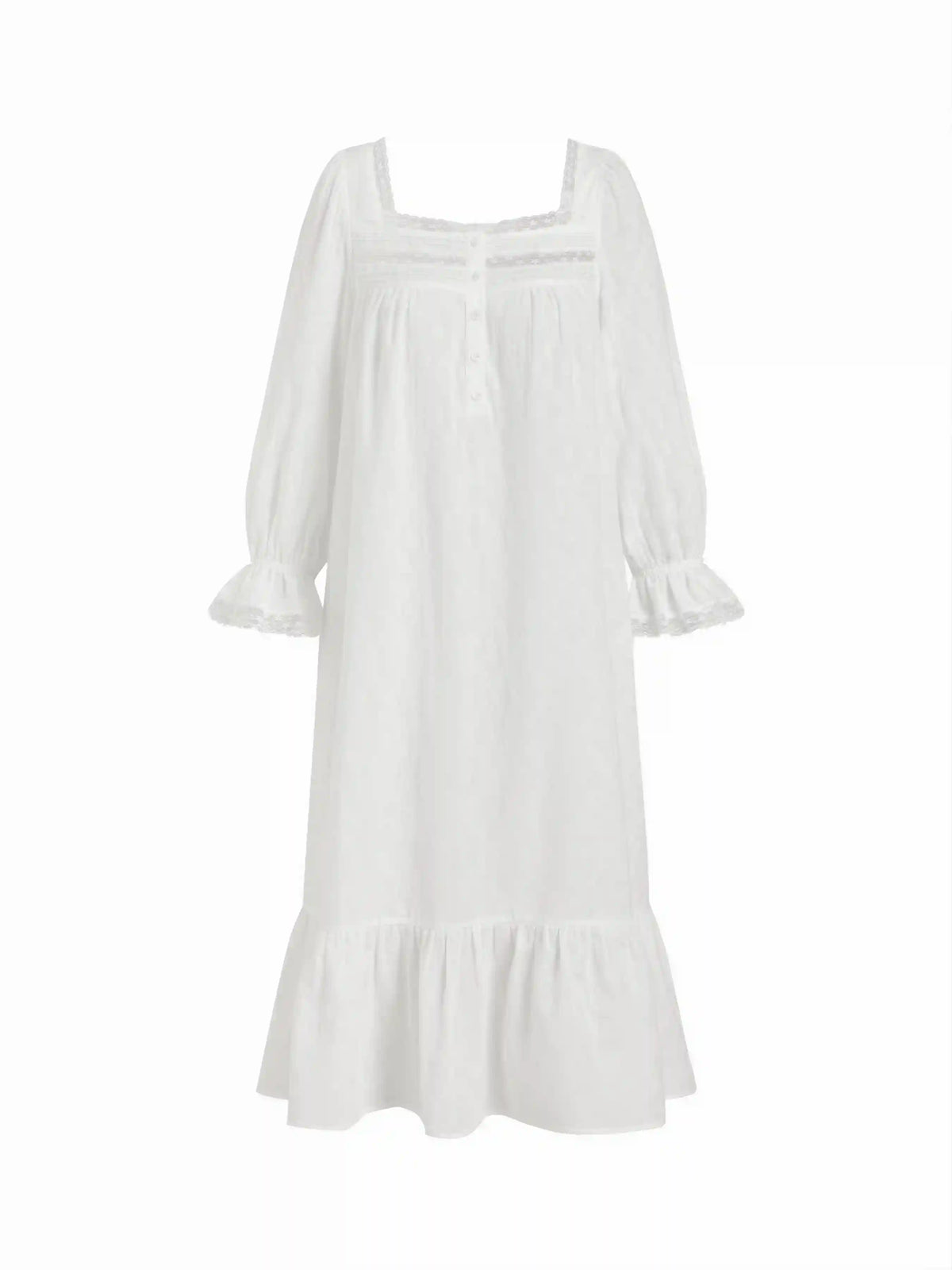 Cotton Square Neck Short Sleeve Lace Trim Ruffle Hem Midi Nightdress