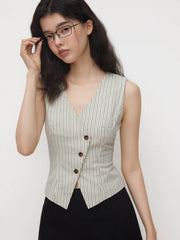Cotton-blend V-neck Stripe Belted Waistcoat